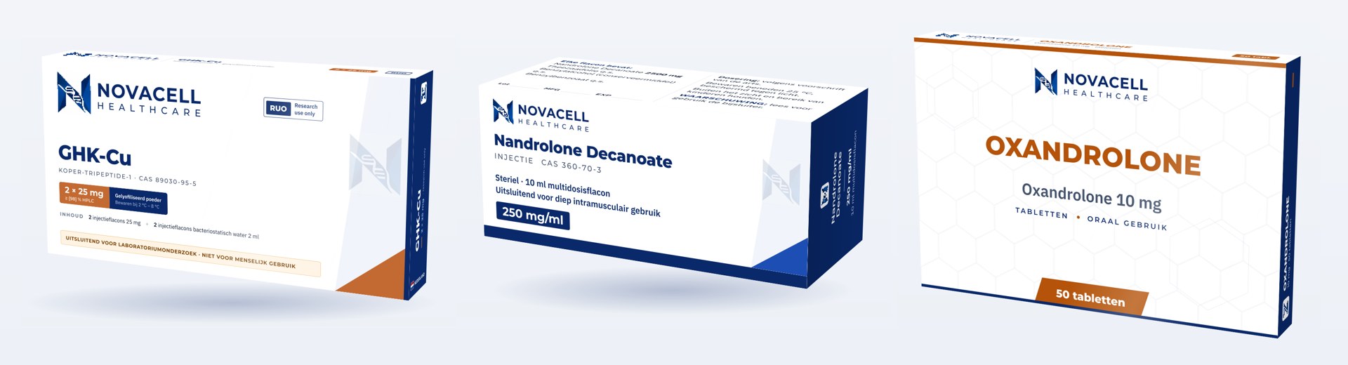 Three NovaCell boxes side by side, one from each line: GHK-Cu, Nandrolone Decanoate and Oxandrolone